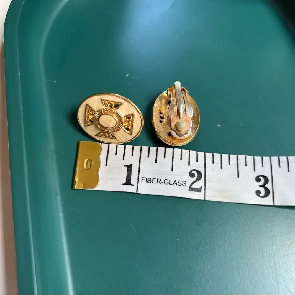 4 Pairs Mixed Decades 1950s - 1980s Large Cream Enamel Gold Toned Clip Earrings